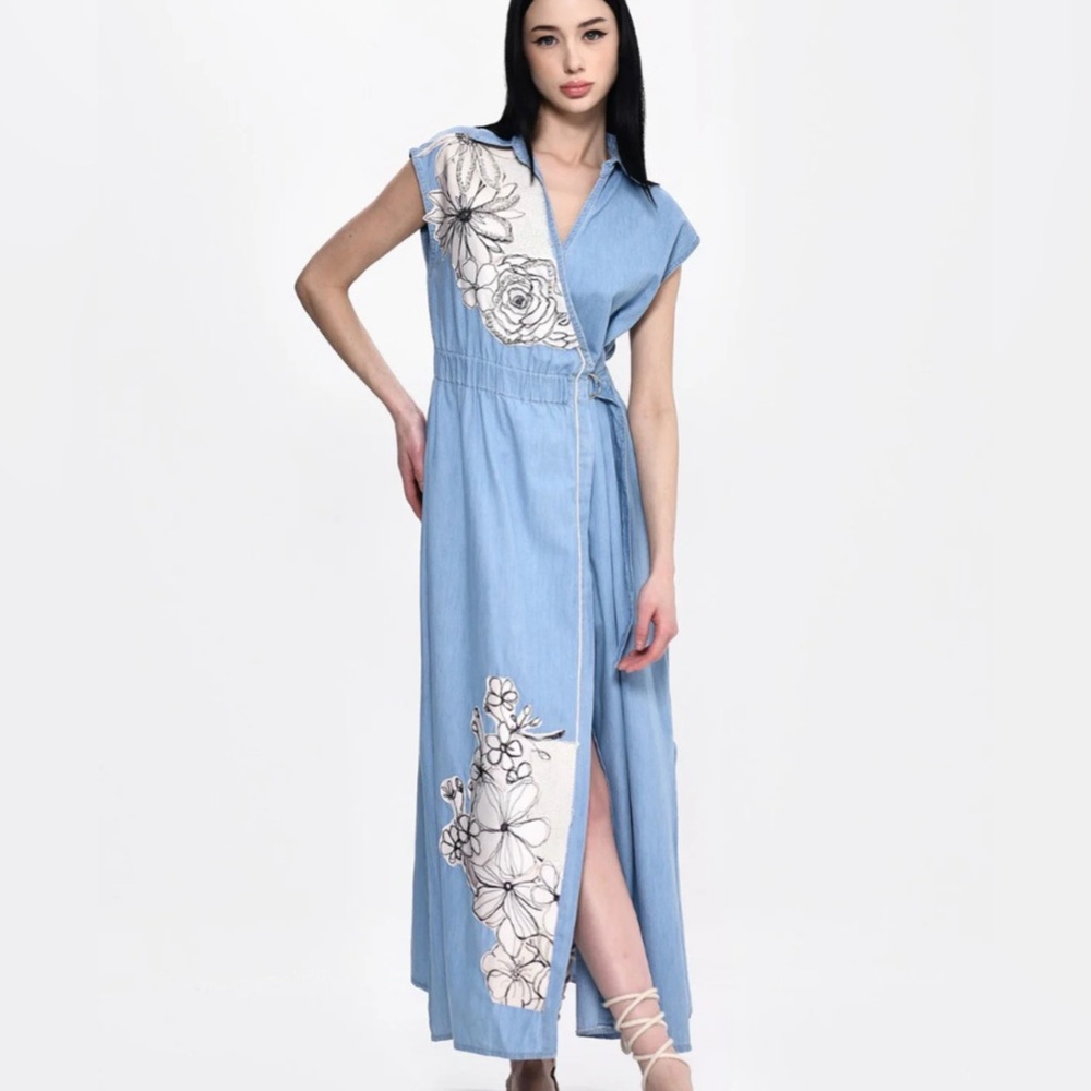 Floral Embroidered Blue Denim Maxi Dress